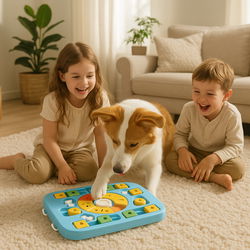 Jouets interactifs pour chiens Intelligents puzzle d'enrichissement-demonstration bleu rectangle chien joue mange dans sont jouet avec enfants a cote