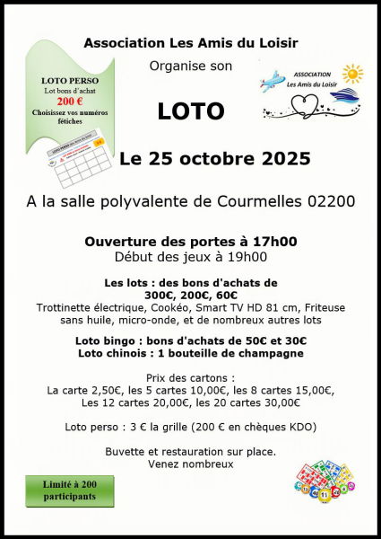Loto Association Les Amis du Loisir Samedi 25 octobre 2025