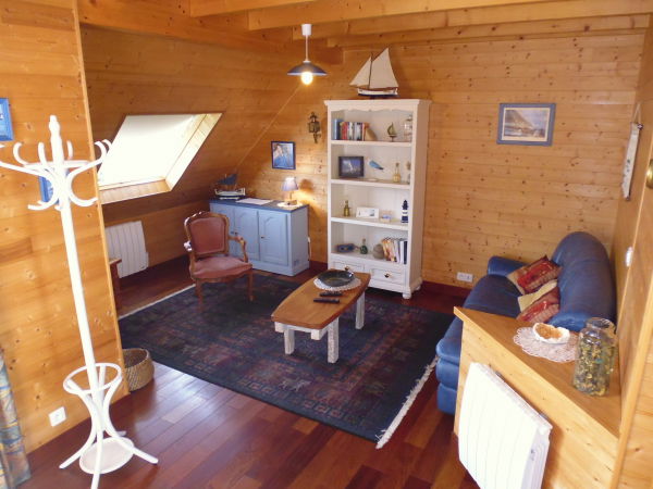 Vue du salon avec canapé, télévision, jeux de société...