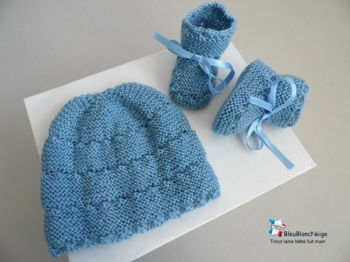 Tricot bébé layette bb laine tricoté main bonnet chaussons BLEU rayés astra