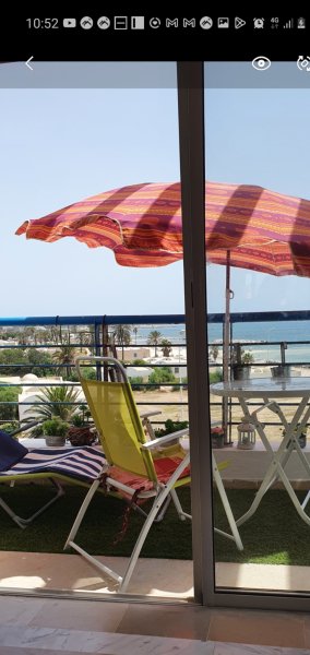 Cette photo la vue du balcon sur mer et palmiers 