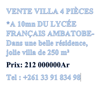 VENTE VILLA 4 PIèCES 10mn LYCéE FRAN&amp;Ccedil AIS AMBATOBE- Antananarivo