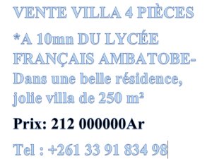 VENTE VILLA 4 PIèCES 10mn LYCéE FRAN&amp;Ccedil AIS AMBATOBE- Antananarivo