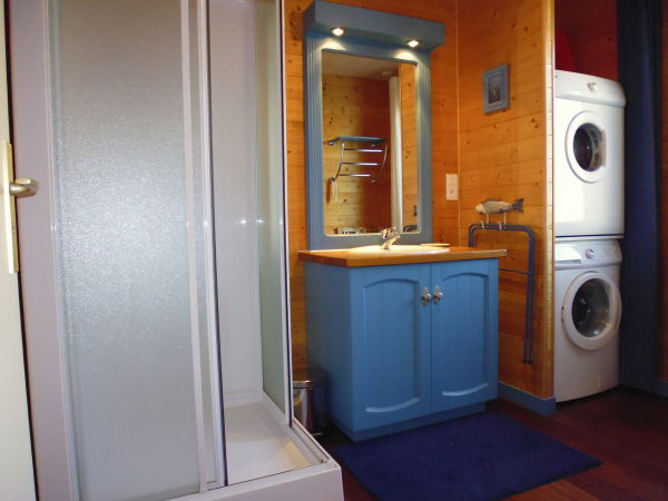 La salle d'eau; douche, lavabo, lave-linge, sèche-linge, rangement et radiateur sèche serviette.
