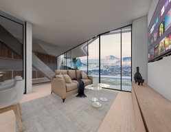 VUE INTÉRIEUR DU SALON AVEC VUE SUR MER