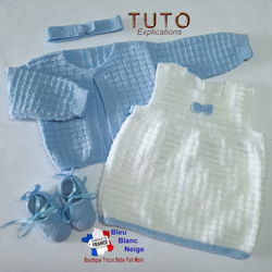 Patron à tricoter Ensemble Cardigan Robe chaussons bandeau modèle layette
