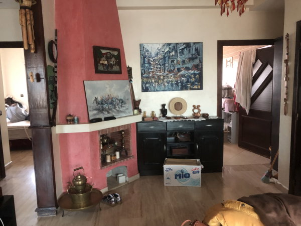 Vue depuis la terrasse et salon avec cheminée