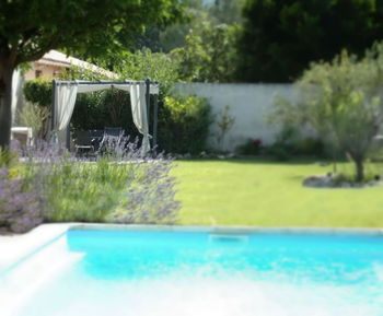 Terrasse privative ombragée vue piscine