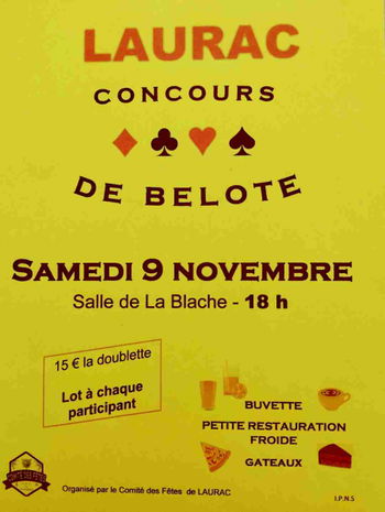CONCOURS BELOTE 9 novembre 2024 18H Laurac Vivarais 07110 Ardèche