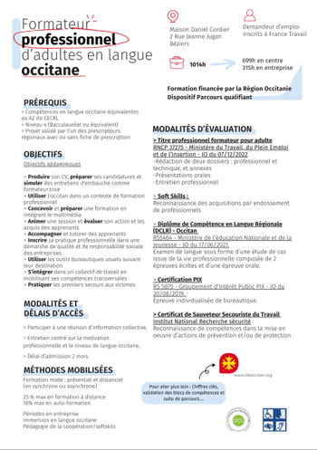 Annonce Titre professionnel Formateur Professionnel d'Adultes langue Occitane Béziers