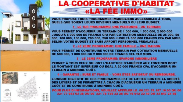 Vente COOPéRATIVE D'HABITAT &laquo FéE IMMO&raquo Thies Sénégal