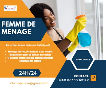 Annonce FEMME MÉNAGE PROFESSIONNELLE DISPONIBLE Dakar Sénégal