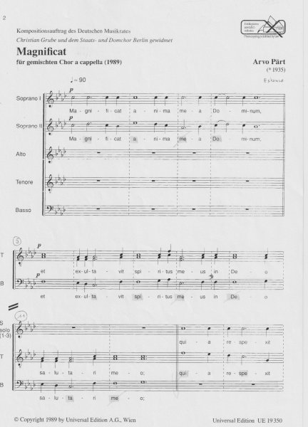 extrait de partition Magnificat Arvo Pärt