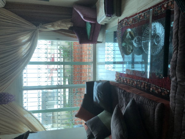 Vue depuis la terrasse et salon avec cheminée