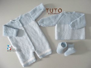 Patron tricot bébé Brassière, combi-bloomer et chaussons Azur et Lait à tricoter Tuto bb