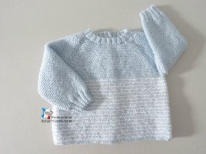 Brassière bébé manche raglan layette BLEUE et blanche modèle tricoté main