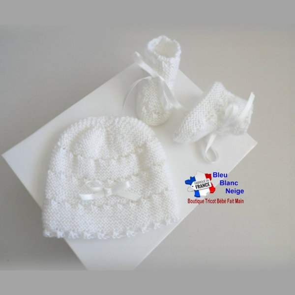 Bonnet et Chaussons tricot bébé layette tricotée main