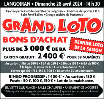 Annonce DERNIER LOTO SAISON LOTO BON ACHATS 46 LOTS JEUX DIMANCHE 28/04/2024 Langoiran