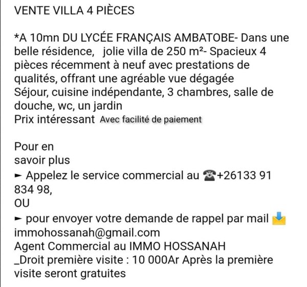 vente villa 4 pièces Antananarivo Madagascar