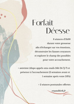 Forfait complet pré, per et post natal avec présence à l'accouchement pour un AAD, ou en maison de naissance ou en plateau technique, avec la présence de votre professionnel.le de santé référent.e 