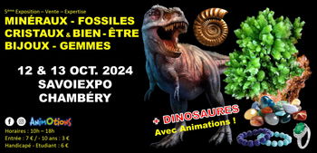 Annonce 5ème Salon Minéraux Fossiles Cristaux &amp; Bien-Être Bijoux Gemmes Exposition Dinosaures Chambéry