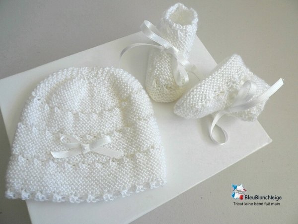 Tricot bébé bonnet chaussons FILLE lait modèle layette tricoté main