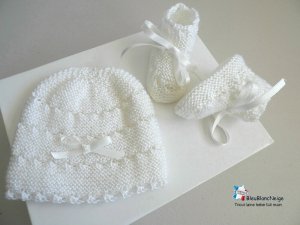 Tricot bébé bonnet chaussons FILLE lait modèle layette tricoté main Brioude