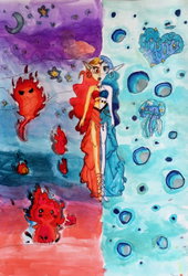 dualité feu/eau, multi techniques, Jana 8 ans