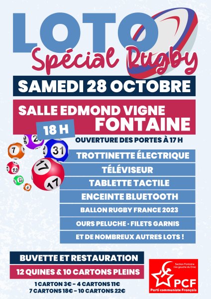 loto spécial rugby samedi 28 octobre 2023 Fontaine Isère