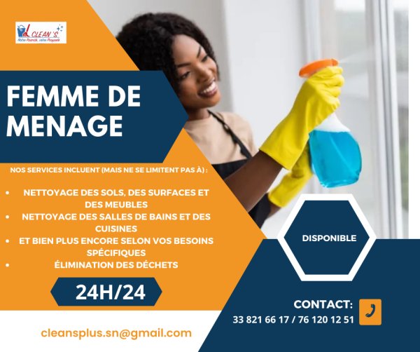 Annonce FEMME MÉNAGE PROFESSIONNELLE DISPONIBLE Dakar Sénégal