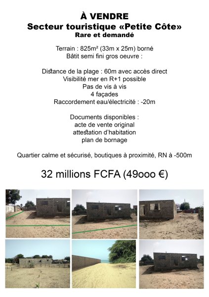 Vente Terrain gros oeuvre 50m mer Côte M'Bour Sénégal