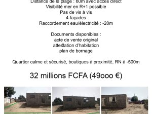 Vente Terrain gros oeuvre 50m mer Côte M&#039;Bour Sénégal
