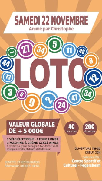 SUPER LOTO BINGO 22 Novembre à Fegersheim