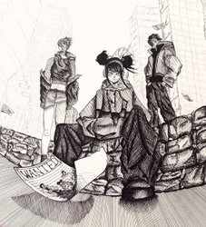 personnages dans décor, liner encre