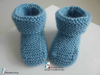 Tricot bébé layette bb laine tricoté main chaussons BLEU mousse revers mousse